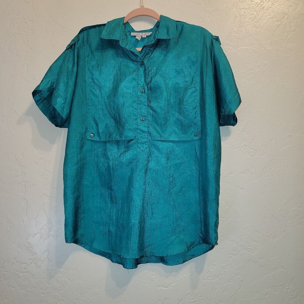 Laura & Jayne Womens 12 Blouse Teal Shiny Satin Look Short Sleeve Button Front